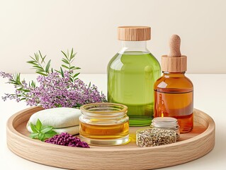 Herbal poultices and natural oils on a wooden tray, traditional healing, 3D illustration