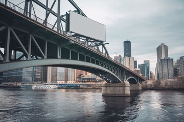 Obraz premium Urban Landscape with Billboard and Bridge. A cityscape featuring a prominent billboard on the right side, situated above a body of water, with a bridge connecting two landmasses in the background.