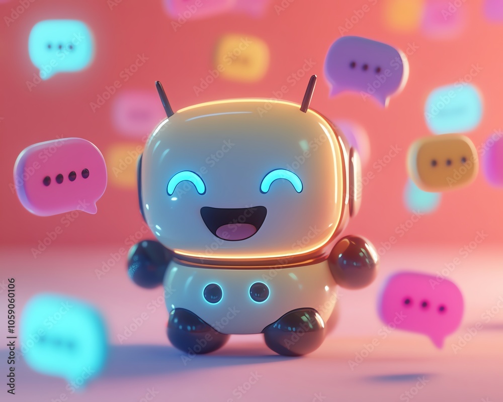 Aufkleber Dynamic image of a cheerful chatbot surrounded by animated speech bubbles, symbolizing friendly communication and the effectiveness of generative AI in customer support