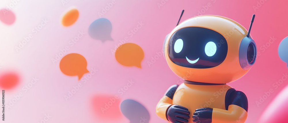 Poster Dynamic image of a cheerful chatbot surrounded by animated speech bubbles, symbolizing friendly communication and the effectiveness of generative AI in customer support