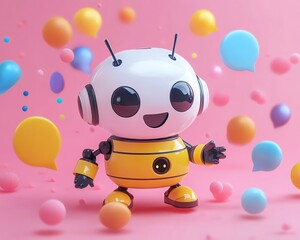 Fototapeta premium Dynamic image of a cheerful chatbot surrounded by animated speech bubbles, symbolizing friendly communication and the effectiveness of generative AI in customer support