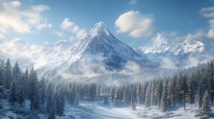 Panoramic winter mountain vista with snow-covered pines, pristine white snow, majestic peaks, crystal clear blue sky, frost-covered forest wonderland.