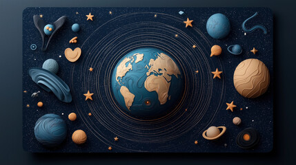 Artistic representation of the solar system with stylized planets, stars, and Earth in a cosmic abstract design on a dark speckled background.