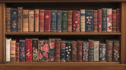 A vintage wooden bookshelf filled with antique books, each with unique cover designs. --ar 16:9 --personalize v73lhwr --v 6.1 Job ID: dbb2aea4-c6d4-4beb-93db-362a00f19b12