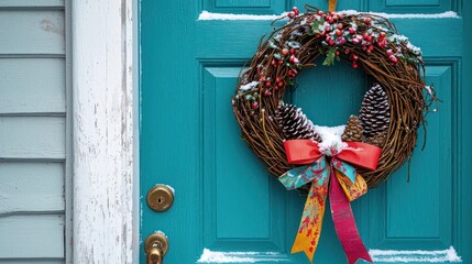 A whimsical Christmas wreath made of intertwined grapevines, adorned with colorful fabric ribbons and hand-painted pinecones, hanging on a bright teal door
