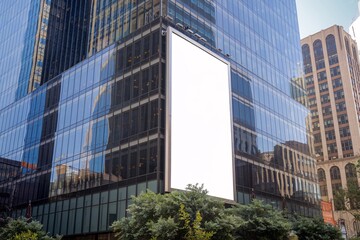Blank Billboard on Modern Building in City Center. A modern, blank white billboard situated on the side of a contemporary glass and steel building in a bustling city center. 