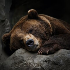 A large brown bear peacefully sleeps on a rock, exuding a sense of rest and power amidst its natural habitat.