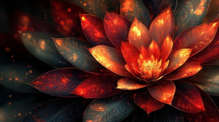 vibrant digital artwork of layered petals in warm colors, creating abstract floral burst with glowing effects. intricate design showcases blend of fiery reds and oranges