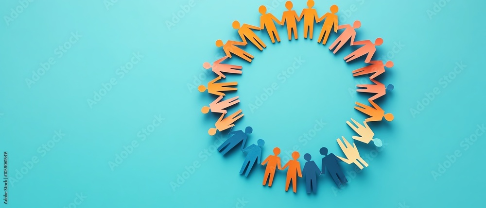 Poster graphic of a vibrant circle of paper people holding hands, representing community support and solida