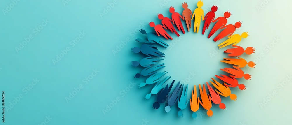 Poster graphic of a vibrant circle of paper people holding hands, representing community support and solida