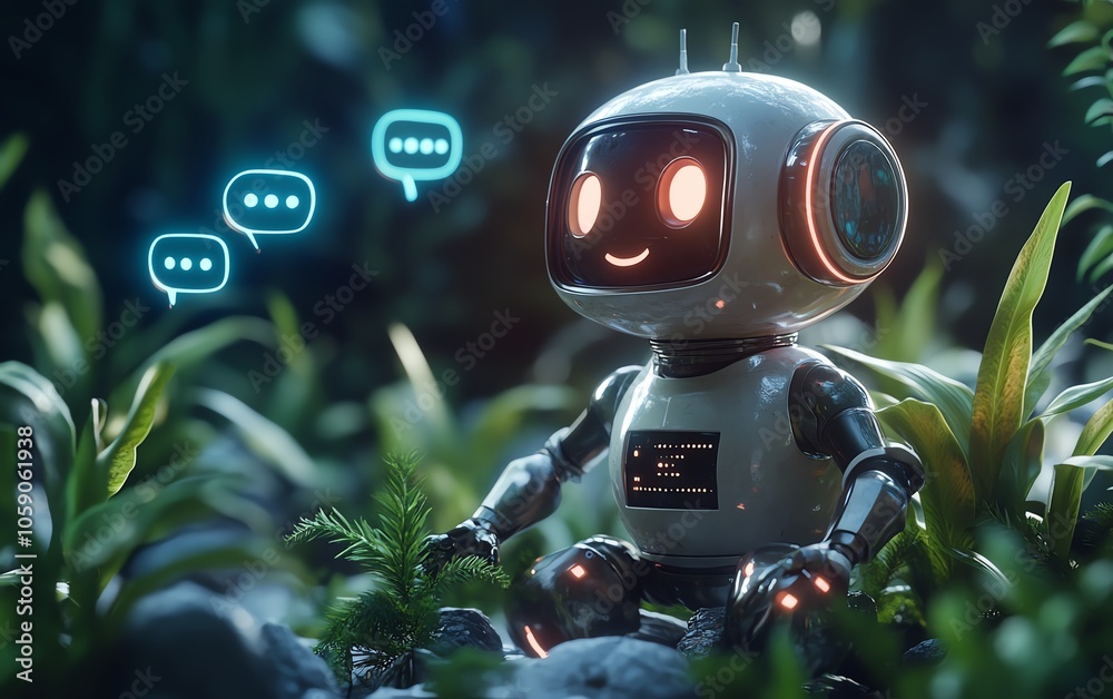 Poster Graphic showing a friendly chatbot in a vibrant environment, with speech bubbles displaying positive messages and support, highlighting the benefits of generative AI