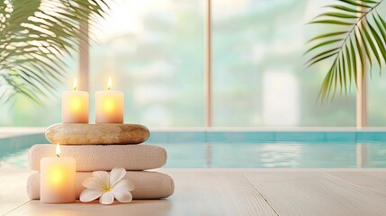 Soothing spa room with natural healing props and glowing candles, 3D illustration