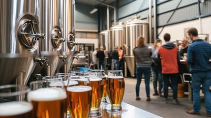 Craft beer tasting event in modern brewery setting with guests enjoying drinks International Stout Day