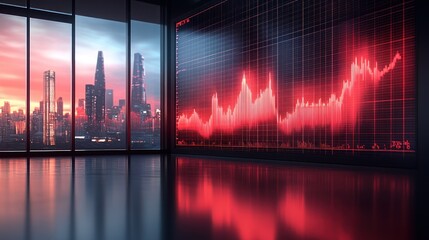 Empty office with a large screen displaying a red stock market chart against a city skyline backdrop.