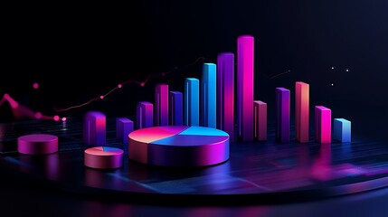 Obraz premium A vibrant 3D representation of data visualizations including bar and pie charts.