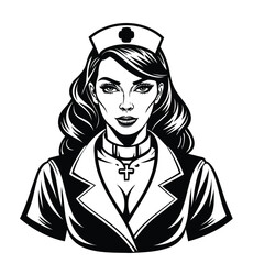 Black and White Nurse Illustration with Cross Necklace