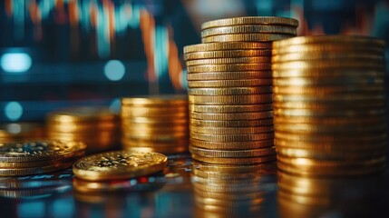 Stacks of gold coins with blurred stock market graph in the background.