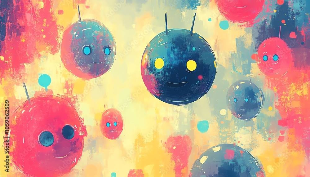 Poster Illustration of a chatbot character chatting with multiple users, each represented by colorful speech bubbles, symbolizing friendly engagement and assistance through AI