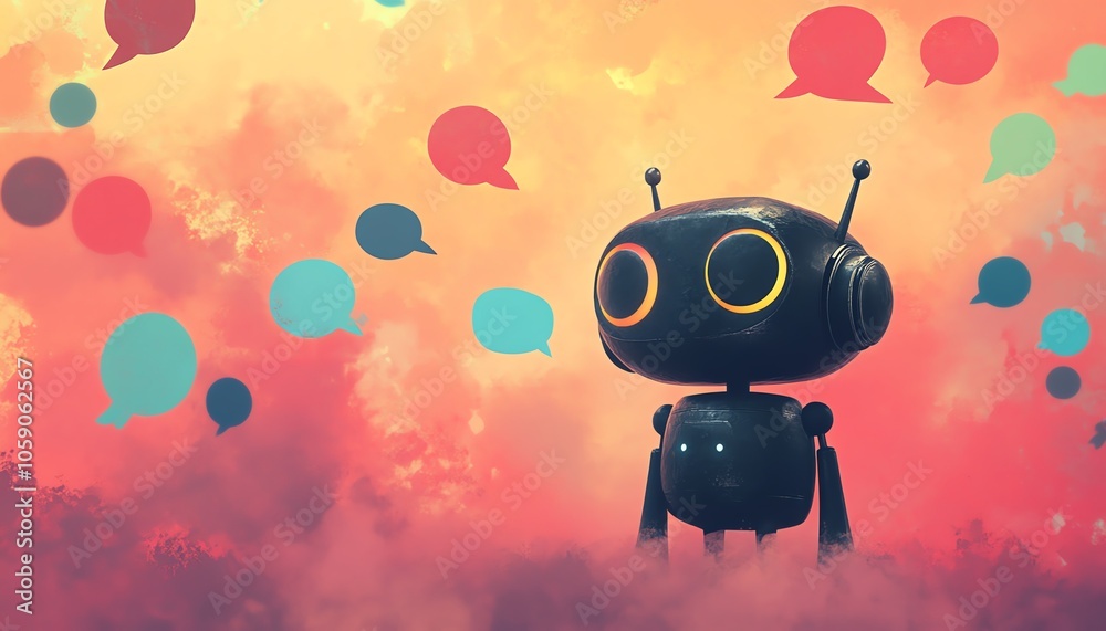 Poster Illustration of a chatbot character chatting with multiple users, each represented by colorful speech bubbles, symbolizing friendly engagement and assistance through AI