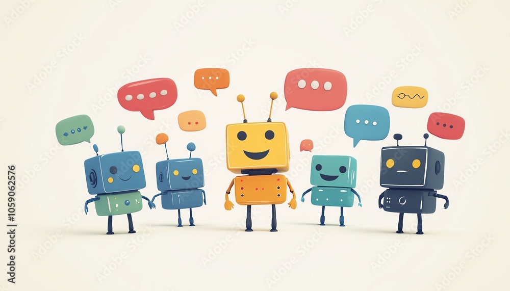 Poster Illustration of a chatbot character chatting with multiple users, each represented by colorful speech bubbles, symbolizing friendly engagement and assistance through AI