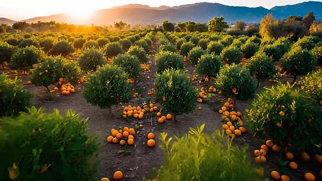 Orange Orchard at Sunset with Rows of Fruit Trees

