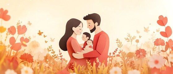 Illustration of a couple gently holding a papercut family of four, representing love, care, and protection in family relationships, set on a warm, inviting backdrop