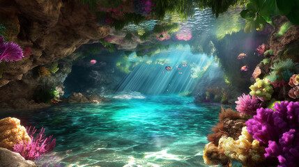A hidden coral cave underwater with colorful marine life and light streaming in from the entrance. © Suresh Thangavel