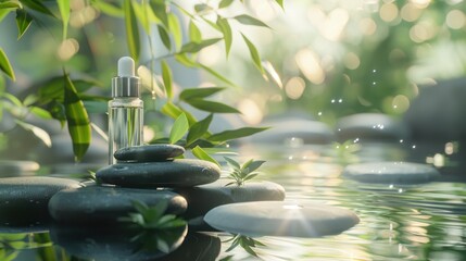 Obraz na płótnie Canvas Tranquil spa scene with skincare bottle on stones in lush jungle environment National Retinol Day