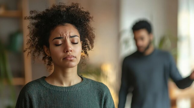 A person looking distant while their partner reaches out, showing signs of avoidant attachment