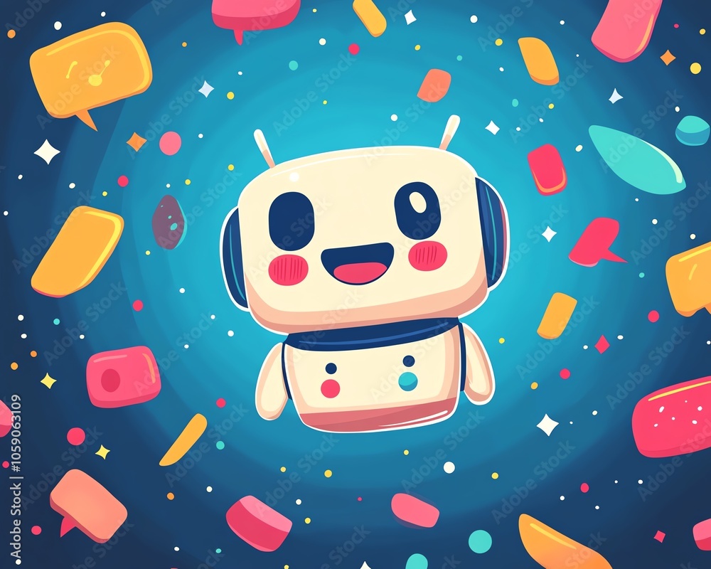 Aufkleber Illustration of a friendly chatbot character with a smiling face, surrounded by colorful speech bubbles, showcasing engaging conversations created with generative AI