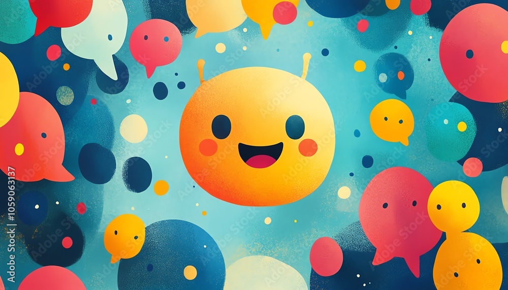 Aufkleber Illustration of a friendly chatbot character with a smiling face, surrounded by colorful speech bubbles, showcasing engaging conversations created with generative AI