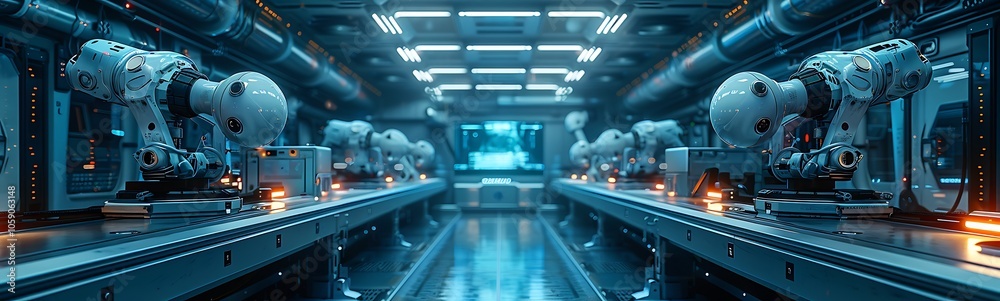 Poster A high-tech laboratory featuring robotic arms and illuminated surfaces, depicting advanced automation and futuristic technology.