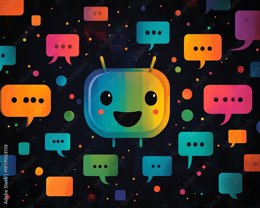 Poster Illustration of a friendly chatbot character with a smiling face, surrounded by colorful speech bubbles, showcasing engaging conversations created with generative AI