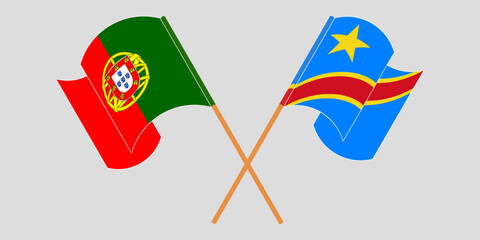 Crossed and waving flags of Portugal and Democratic Republic of the Congo. Vector illustration