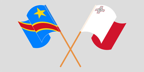 Crossed and waving flags of Democratic Republic of the Congo and Malta. Vector illustration