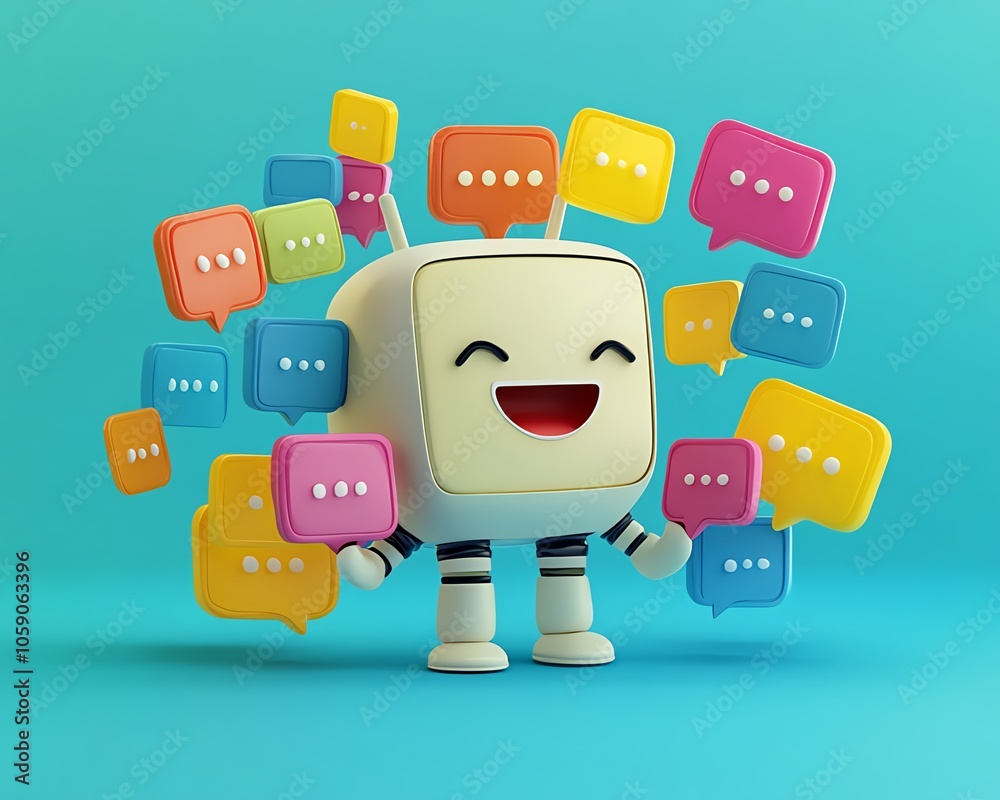 Fototapete Illustration of a friendly chatbot character with a smiling face, surrounded by colorful speech bubbles, showcasing engaging conversations created with generative AI