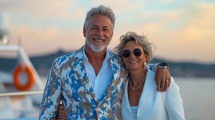 Obraz premium Elegant Mature Couple Enjoying a Luxurious Yacht Experience at Sunset, Embracing Fashion and Joy on a Scenic Voyage