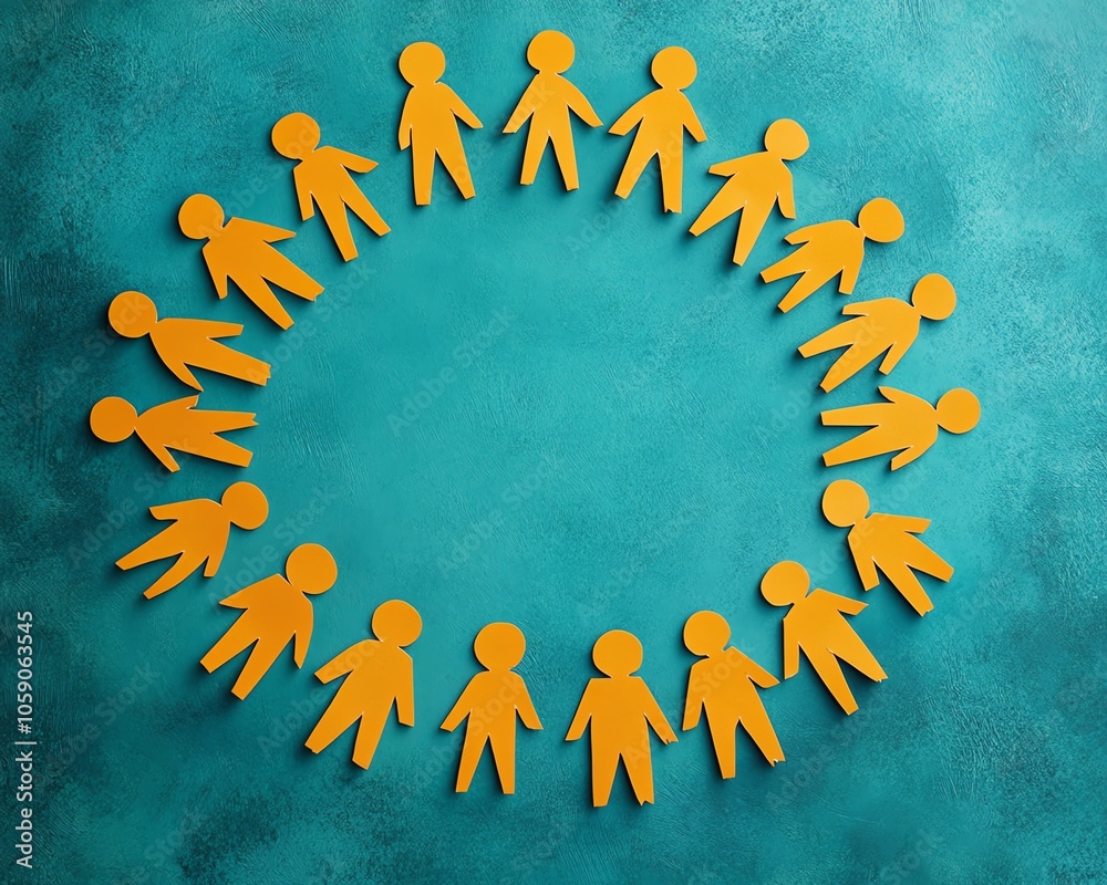Poster illustration of a joyful group of paper people standing together in a circle, emphasizing community 