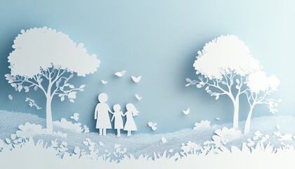 Illustration of a papercut family with two children standing together against a soft blue background, symbolizing the importance of family insurance and protection