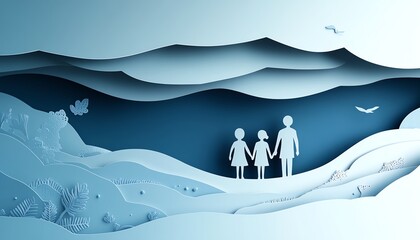 Illustration of a papercut family with two children standing together against a soft blue background, symbolizing the importance of family insurance and protection