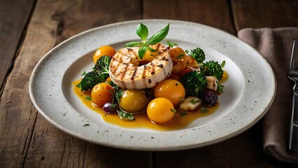 Elegant food photography showcasing gourmet dishes with rustic presentation and natural lighting. Each dish captures the essence of fine dining