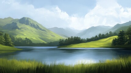 Naklejka premium Serene Lake Surrounded by Lush Green Mountains