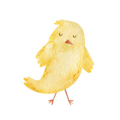 Cute Easter cartoon character children chicken isoleted on white background. Watercolor design element illustration.