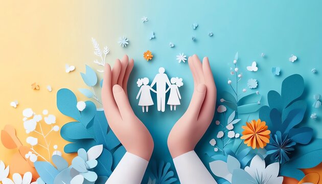 Illustration of hands gently holding a paper family of four, representing health insurance and the importance of family wellbeing, on a stylish banner backdrop