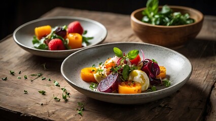 Elegant food photography showcasing gourmet dishes with rustic presentation and natural lighting. Each dish captures the essence of fine dining