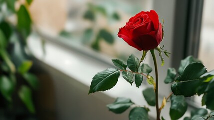 Single Red Rose with Green Leaves by Window
