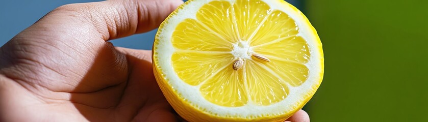 Close-up of a hand holding a fresh, juicy lemon against a vibrant green background, highlighting its bright yellow color and texture.