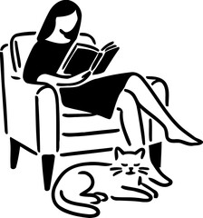 Silhouette of woman reading in armchair with cat, relaxation and leisure icon, cozy home illustration
