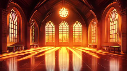Fototapeta premium Wizarding school with arched windows and wooden tables on a shiny floor. Magic Academy Tower. Illustration