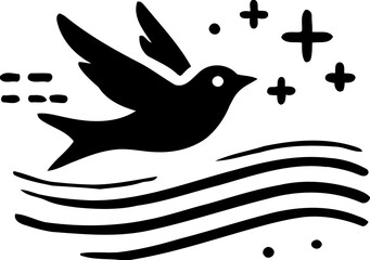 Silhouette of bird in flight with stars, freedom and nature icon, flying bird illustration
